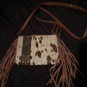 Shyanne Spotted Brown and Cream Crossbody Bag with Fringe